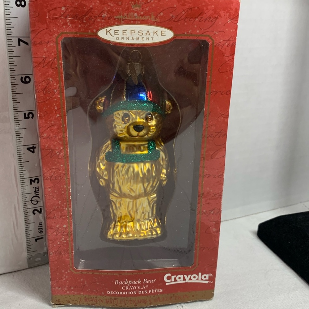 Hallmark Crayola TEDDY BEAR rainbow colored HAT GLASS CHRISTMAS ORNAMENT 2000
